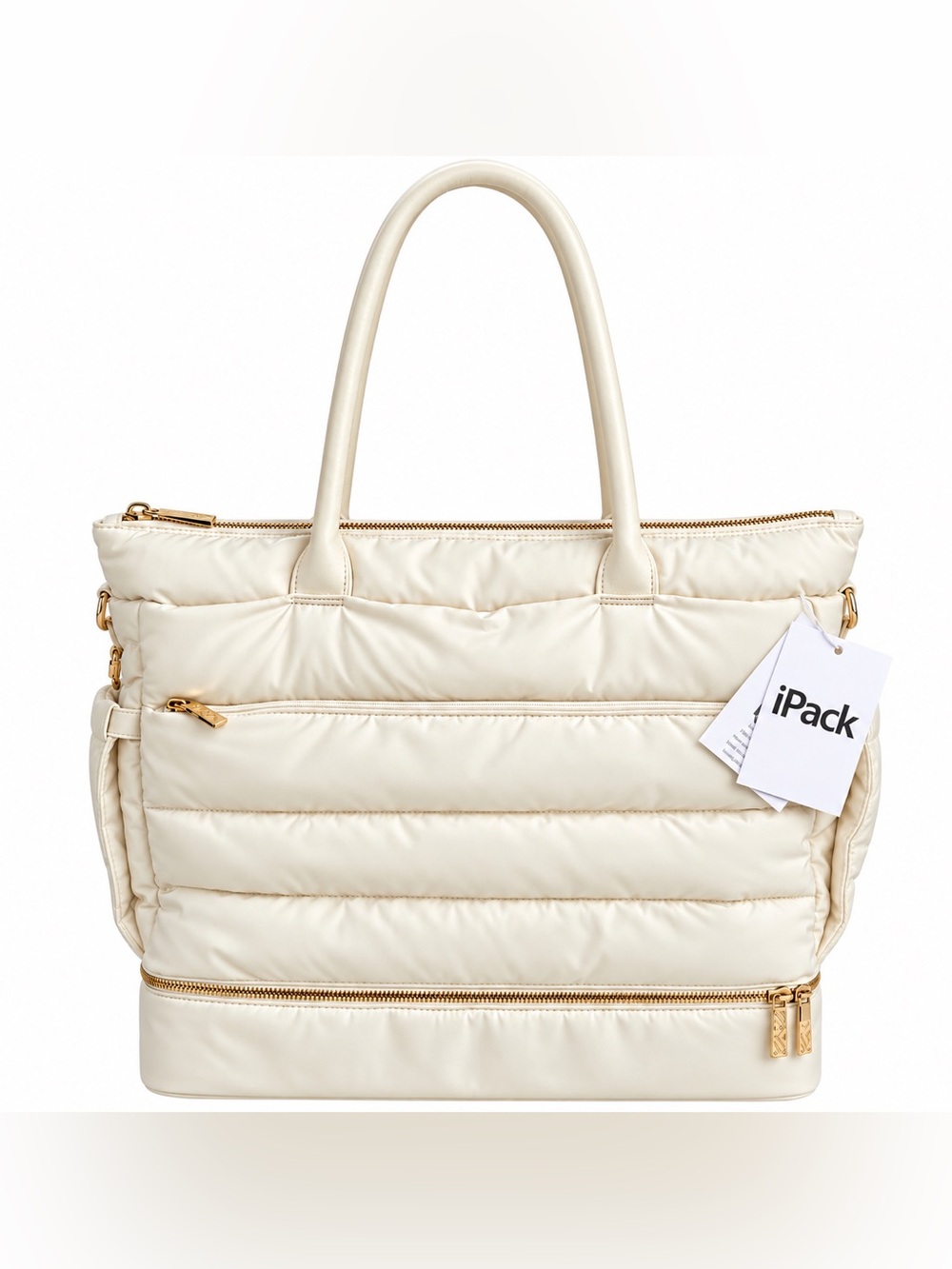 NWT iPack Puffy Tote Cannoli Cream Gold Travel Laptop Weekender